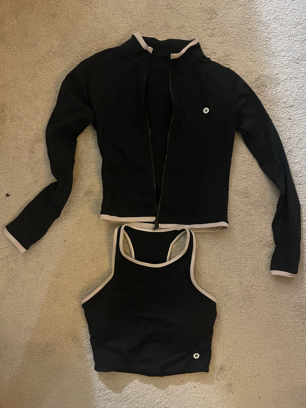 ASTORIA ACTIVEWEAR Black Zip Jacket AND Halter Crop Top with White Trim